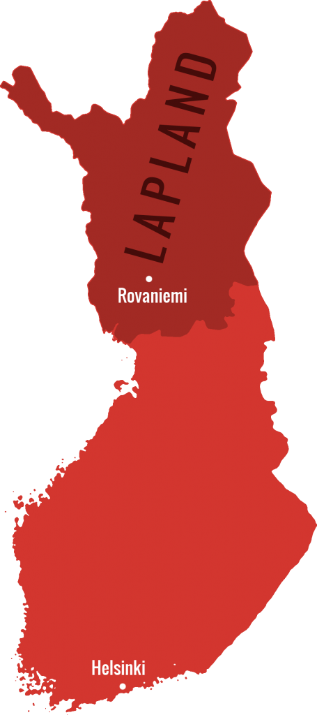Lapland map with locations of Helsinki and Rovaniemi highlighted